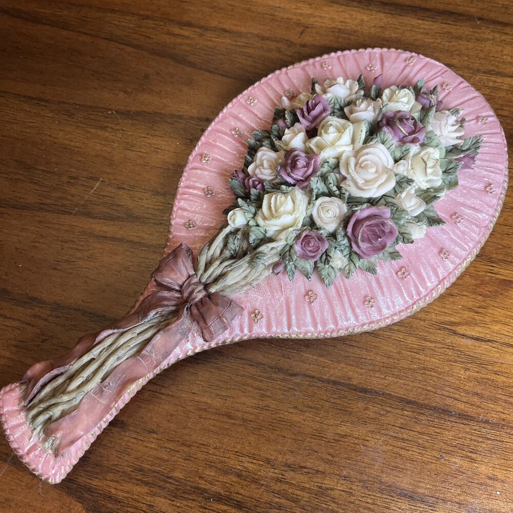 Ornate Pink Floral Handheld Vanity Mirror W/ Roses & Bow, Cottage Glam Whimsy
